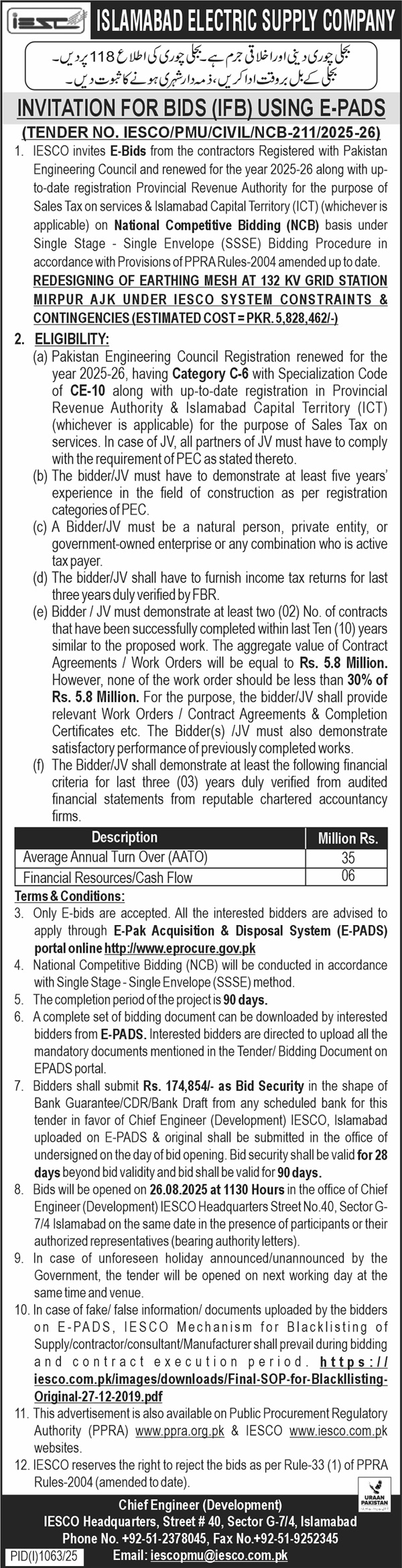 Islamabad Electric Supply Company Tender Notice